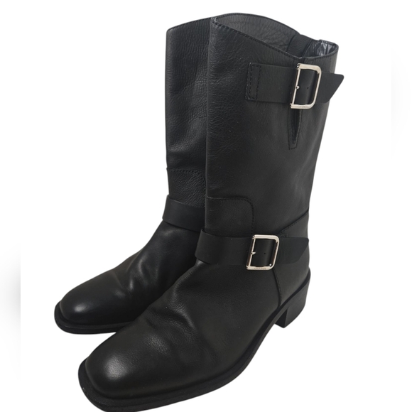 CHANEL - 14B CC Black Leather Buckle Moto Biker Boots - 37 - Picture 2 of 12